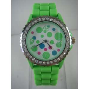   with Green Silicone Band   Womens Fashion Watch with Rhinestone Bezel