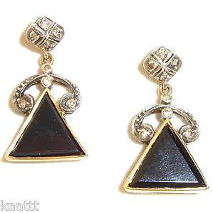 Art Deco Vintage Antique Dangle Earrings 18k Gold Diamonds Onyx Post 