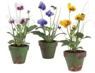 This set of 3 artificial potted pansies come as one of each color 