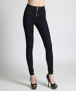MOGAN HOT Zip Front HIGH WAISTED Stretch Band SKINNY JEANS Dark Rinsed 