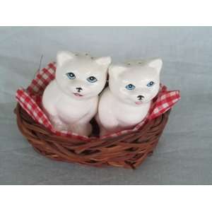 Pair of White Porcelain Kitty Cat Salt & Pepper Shakers w/ Wicker 