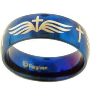  Blue Finish Cross with Wings Band Stainless Steel Ring 