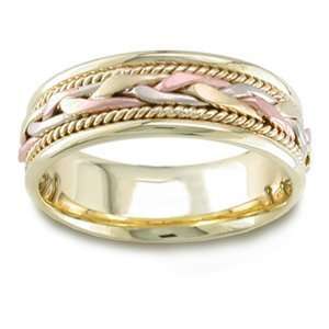 Mens Handmade 14k Tri Colored Gold Braided Comfort Fit Wedding Band 