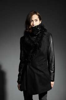   Leather Sleeve Long Coat with Fur Trimmed Hood BLACK, DARK GRAY 4MZ