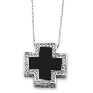   Silver and Black Onyx Battle Cross Pendant with CZ Accents Jewelry
