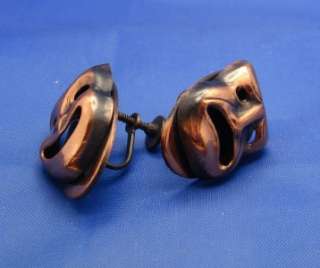   Copper Drama Theater Mask Comedy & Tragedy Earrings marked KIM  