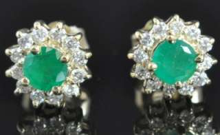   .72 TCW Natural Emerald & Diamond Halo Flower Stud Earrings  