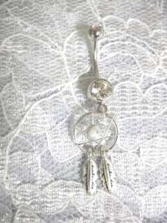   WHITE TURQUOISE BEAD 2 FEATHERS & CLEAR CZ BELLY BAR RING  