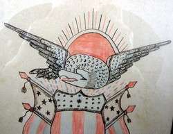 Mid 19th c. Pen & Ink w/color of EAGLE, SHIELD & FLAGS  