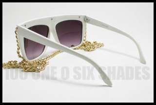 Celebrity Pop Star Fat GOLD CHAIN Sunglasses Flat Top WHITE Oversized 