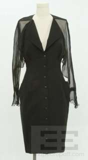 Thierry Mugler Vintage Black Wool Snap Front Sheer Sleeve Dress Size 