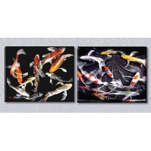Japanes Koi Fish Surreal and Colorful Limited Edition Diptych Painting 