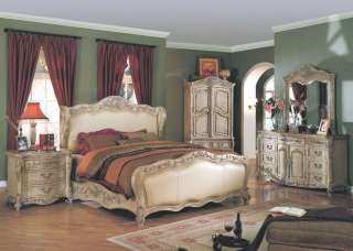   White Leather Bed 6 Piece Bedroom Set Marble Tops w Armoire  