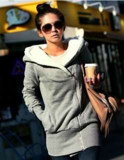   Korea Women Hoodie Jacket Coat Warm Outerwear hooded Zip Up Gray Black
