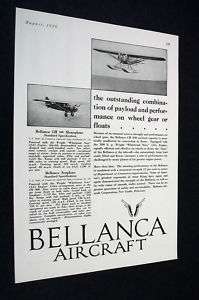 BELLANCA AIRCRAFT CH 300 Monoplane & Seaplane 1929 Ad  