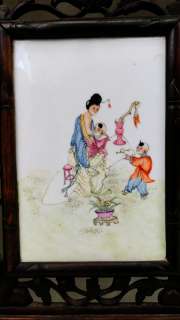 Antique C.1900 Chinese Qing   Republic Hongmu Wood Porcelain Plaque 