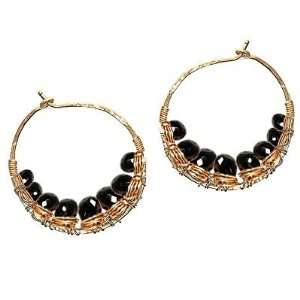    Sterling Silver Earrings Hammered Hoops with Black Spinel Jewelry