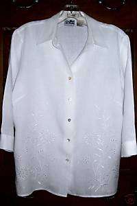 NEW White edward Irish Linen~Shirt~Top~M~Floral Detail  