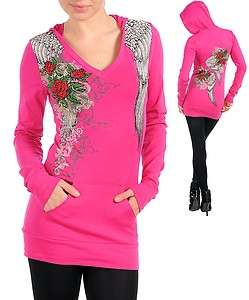 Scrolls Roses Wings Stones Tattoo Hoodie Hot Pink T Shirt Ed Hardy 