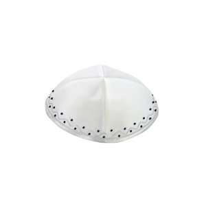   White Satin Kippah with Wave Design and Blue Dots 