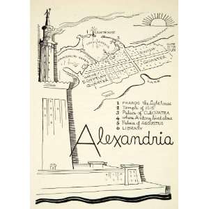  1947 Lithograph Alexandria Egypt Lighthouse Library Temple 