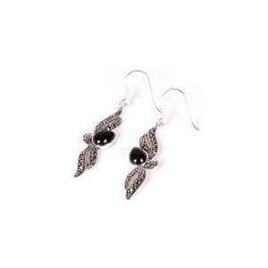 Rhinestone Black Agate 925 Sterling Silver Angel Wing Earrings 1.9 