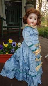 Antique German Doll 24 Victorian Dress Bisque Head wood body blue 
