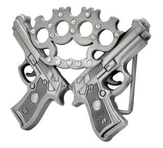 Silver Double Gun & Jeweled Brass Knuckles Belt Buckle Guns Weapons 