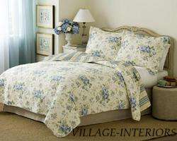 FRENCH COUNTRY COTTAGE CHIC BLUE ROSES KING QUILT SET  