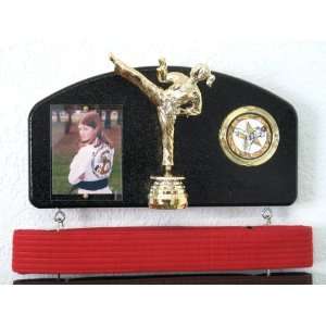 Martial arts belt display with a KICK  Midn. trophy female  