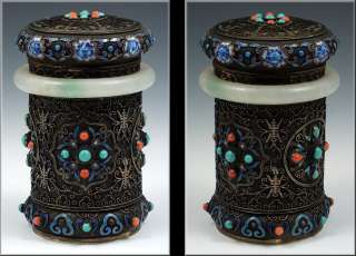 Exquisite Chinese Enamel & Silver Cylinder Box w/ White Jade Ring