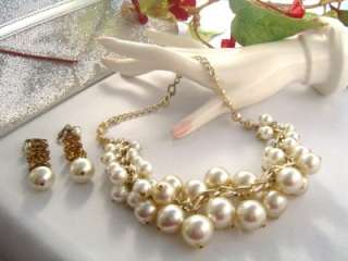 Vintage Necklace/Earring Set   Large Faux Pearl Clusters   Clip Dangle 