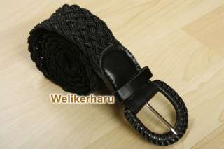 Womens Woven Web Braided Faux Leather Belt Black  