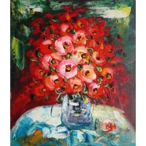  Beautiful Knife Painted Red Flowers on Table Oil Painting 