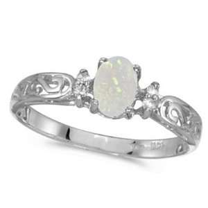  Opal and Diamond Filagree Ring Antique Style 14k White 