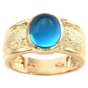 14K Yellow Gold Textured Oval Cabochon Gemstone Ring  Swiss Blue Topaz 