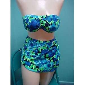  Ceeb swimwear two piece sarong swimsuit blk and grn floral 