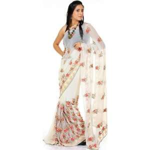  Ivory Sari with Ari Embroidered Flowers All Over 