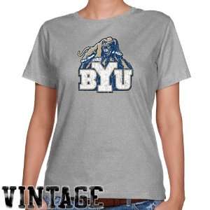 BYU Cougars T Shirt  BYU Cougars Ladies Ash Distressed Logo Vintage 