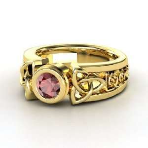   Celtic Sun Ring, Round Red Garnet 14K Yellow Gold Ring Jewelry
