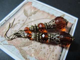 Vintage Style Amber Topaz Crystal Glass Bead Filigree Earrings Costume 