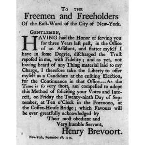  Candidacy announcement of Henry Brevoort, 1775