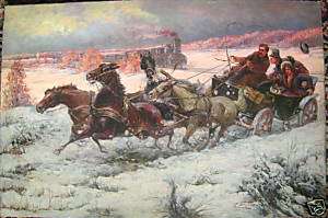 RUSSIAN painting, P. STOJANOV HORSE SLEIGH SCENE  