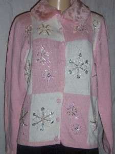 Carly St. Claire Winter Collection White and Pink Cotton Sweater Size 