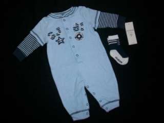   Guess Boys Baby Blue Coverall Romper Outfit & Sox Set 3 6 Mo  
