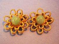 Signed Alice Caviness Clip Earrings Goldtone Green  