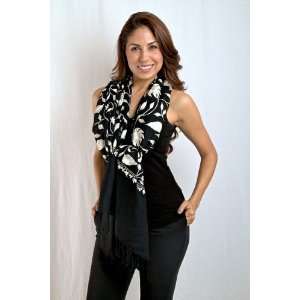  CHINAR CONTEMPORARY BLK WHT EMBROIDERED SCARF/WRAP 