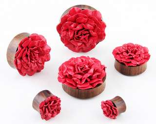 Double Flare Organic Sono Wood Leather Rose Flower ear Plugs Gauges 
