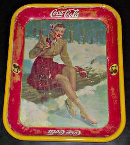 VINTAGE ORIGINAL 1941 * GIRL SKATER * COCA COLA SERVING METAL TRAY 