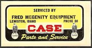 NOS Vintage 1947 Decal CASE TRACTOR Lewiston Idaho MEGENITY EQUIPMENT 